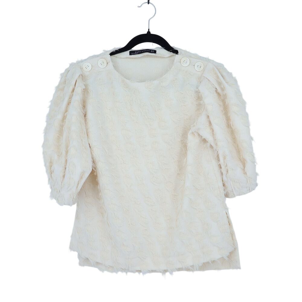 ZARA Fringe Jacquard Top Ivory Puff Sleeve Relaxed Fit Women's XS